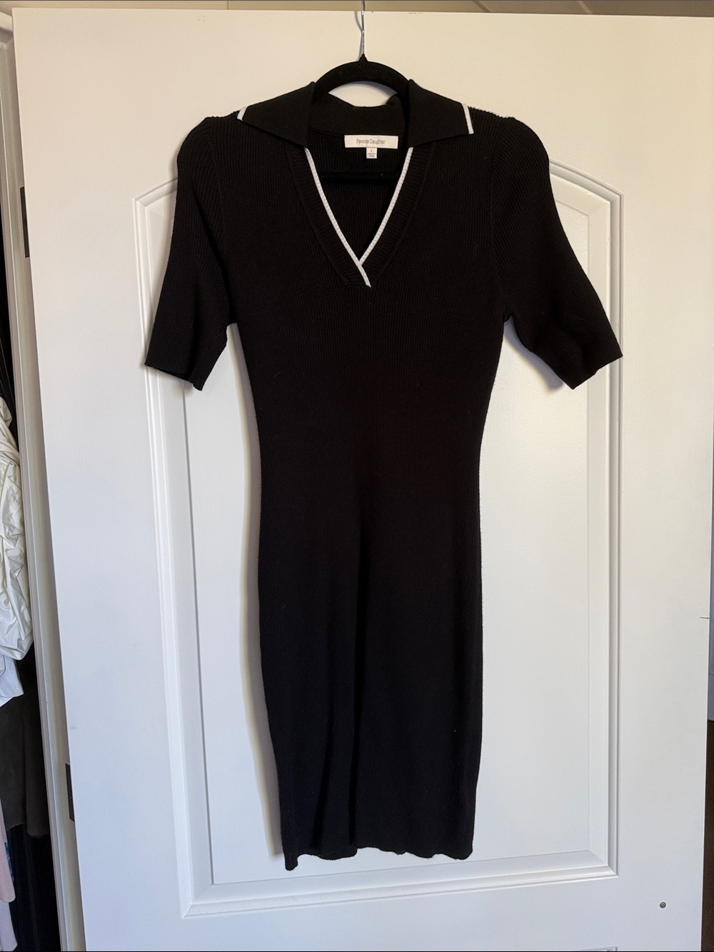 Favorite Daughter Black Knit V-Neck Polo Dress with White Trim